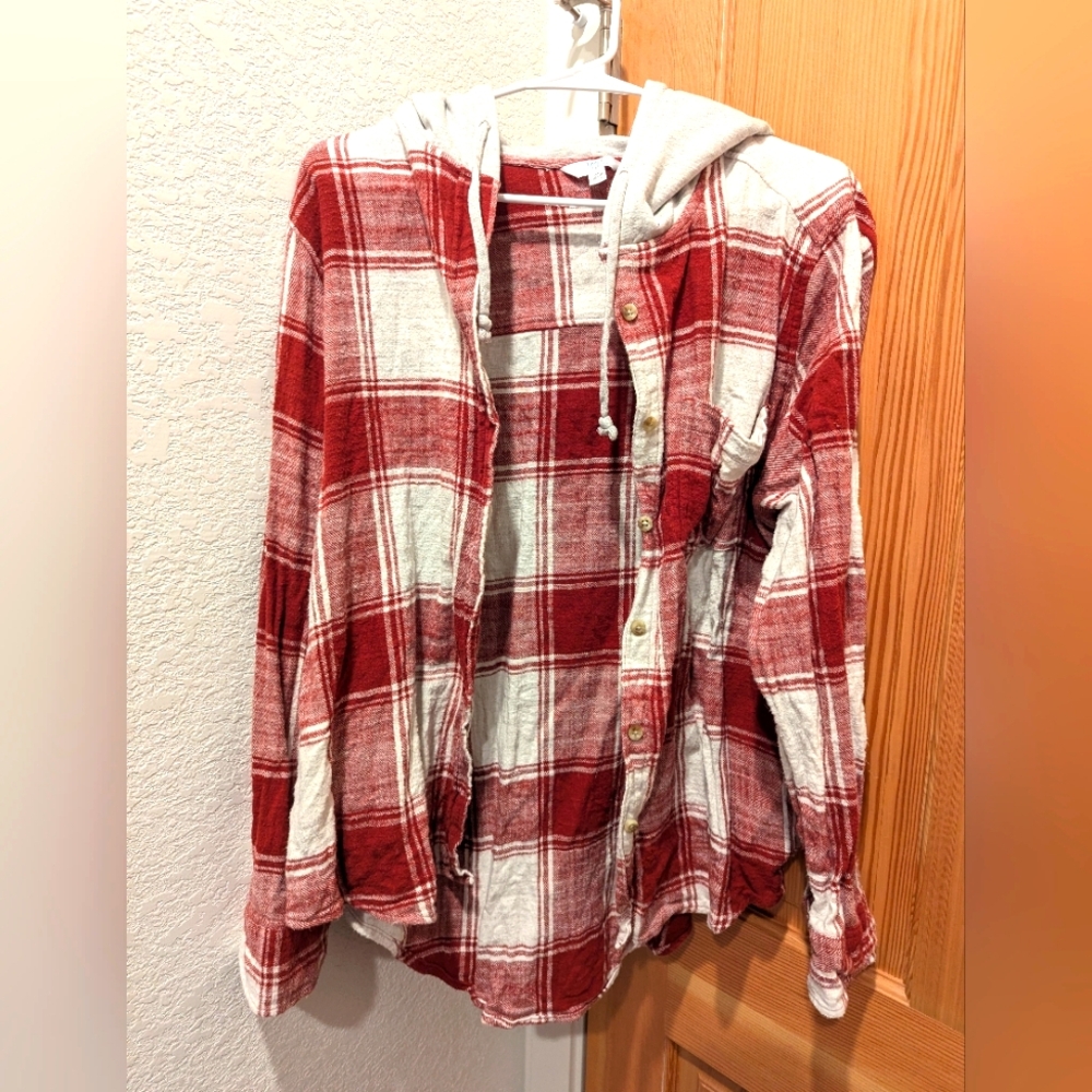 Rusty red plaid flannel shirt with sweatshirt hood